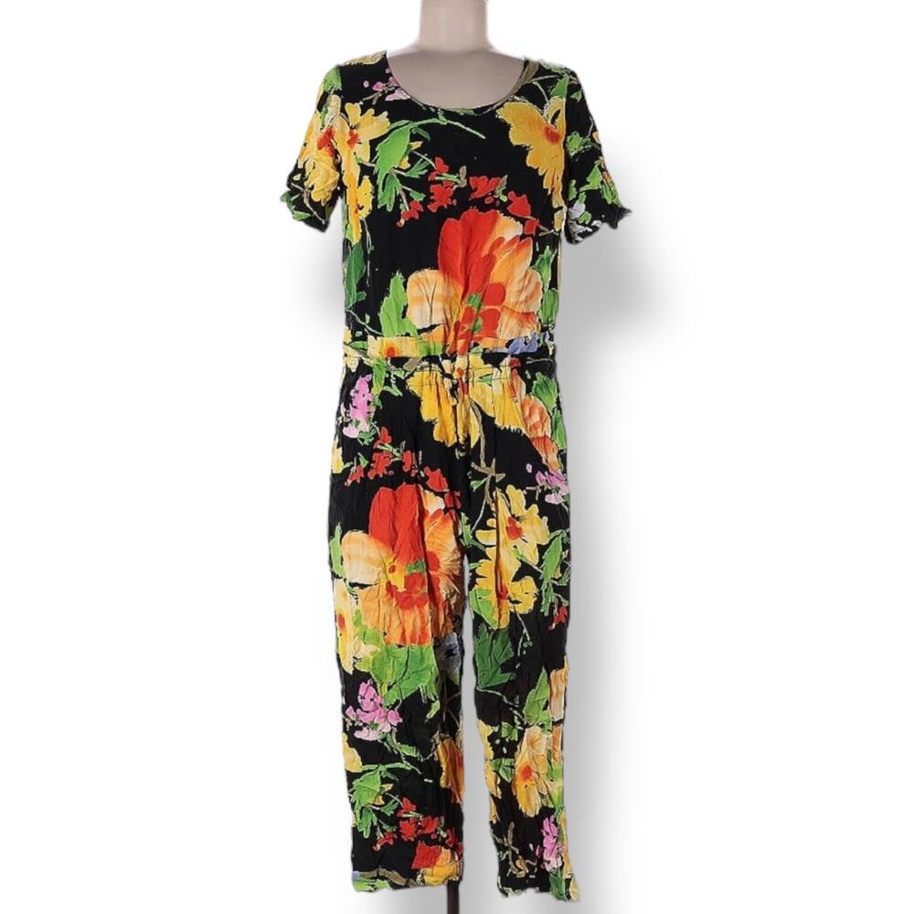 Vintage Jams World Flora Grande‎ Floral Jumpsuit Cropped Black Tropical Vacation